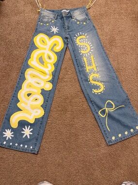 Women's Blue Straight-Leg Jeans with Yellow Painted Graphic